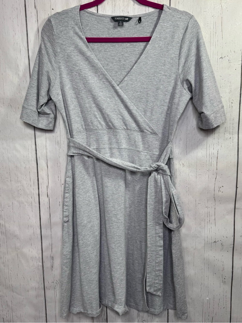 Toad&Co Gray Wrap Dress Tencel Organic Cotton Tie Waist Casual Travel Outdoor M